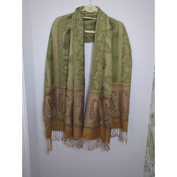 Paisley Pashmina & Silk Scarf Shawl Wrap One Size Elegant Sage Green/Orange - Picture 1 of 10